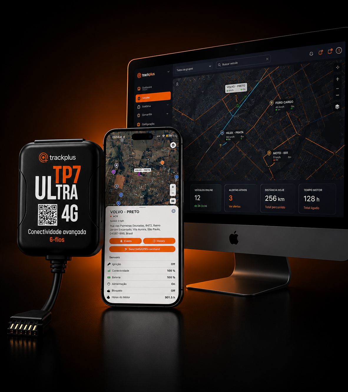 Rastreador Trackplus TP7 Ultra 4G com app no celular e plataforma web no computador