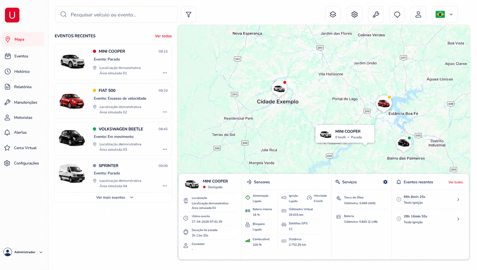 Dashboard da Plataforma USAGPS com mapa, eventos e veículos