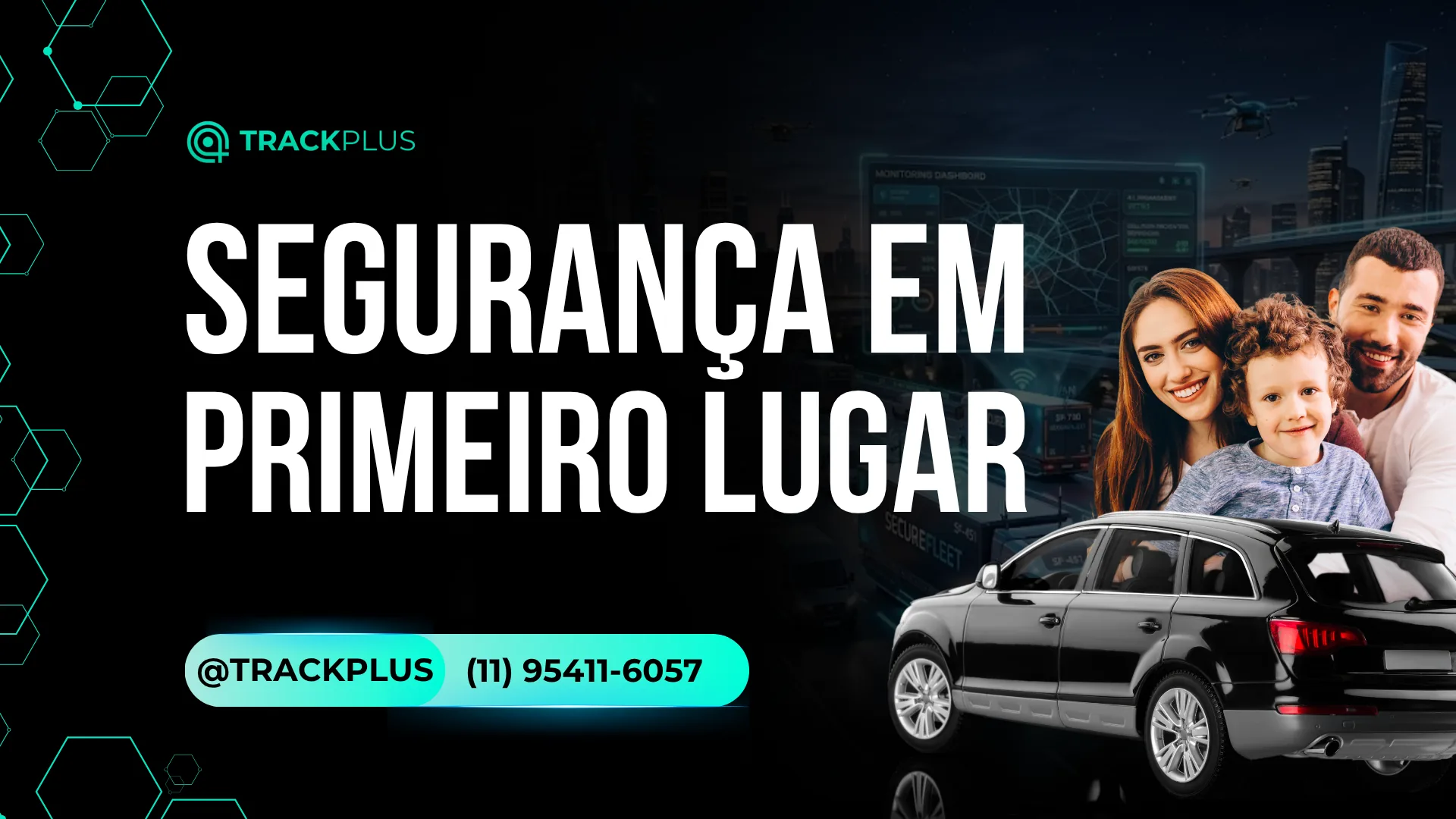 Família protegida por rastreador 4G Trackplus com monitoramento em tempo real