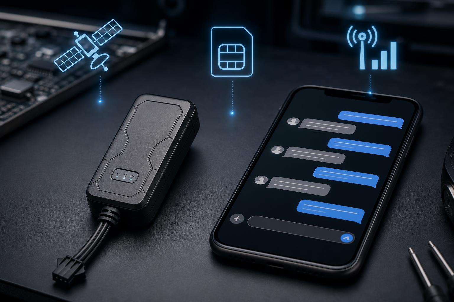 Rastreador J16 em bancada com smartphone mostrando comandos SMS