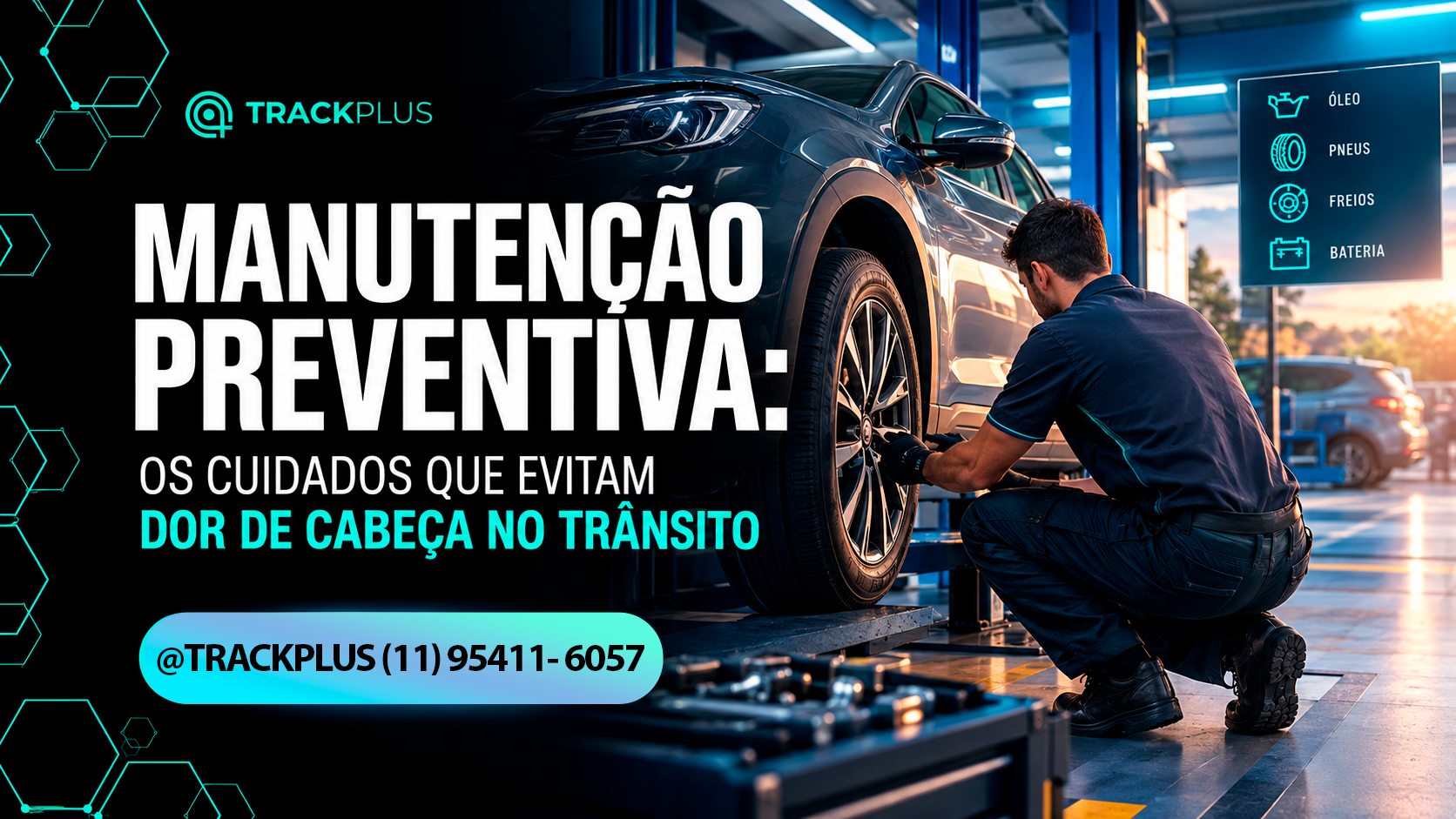 Manutenção preventiva e rastreamento veicular Trackplus — mecânico trabalhando em SUV na oficina