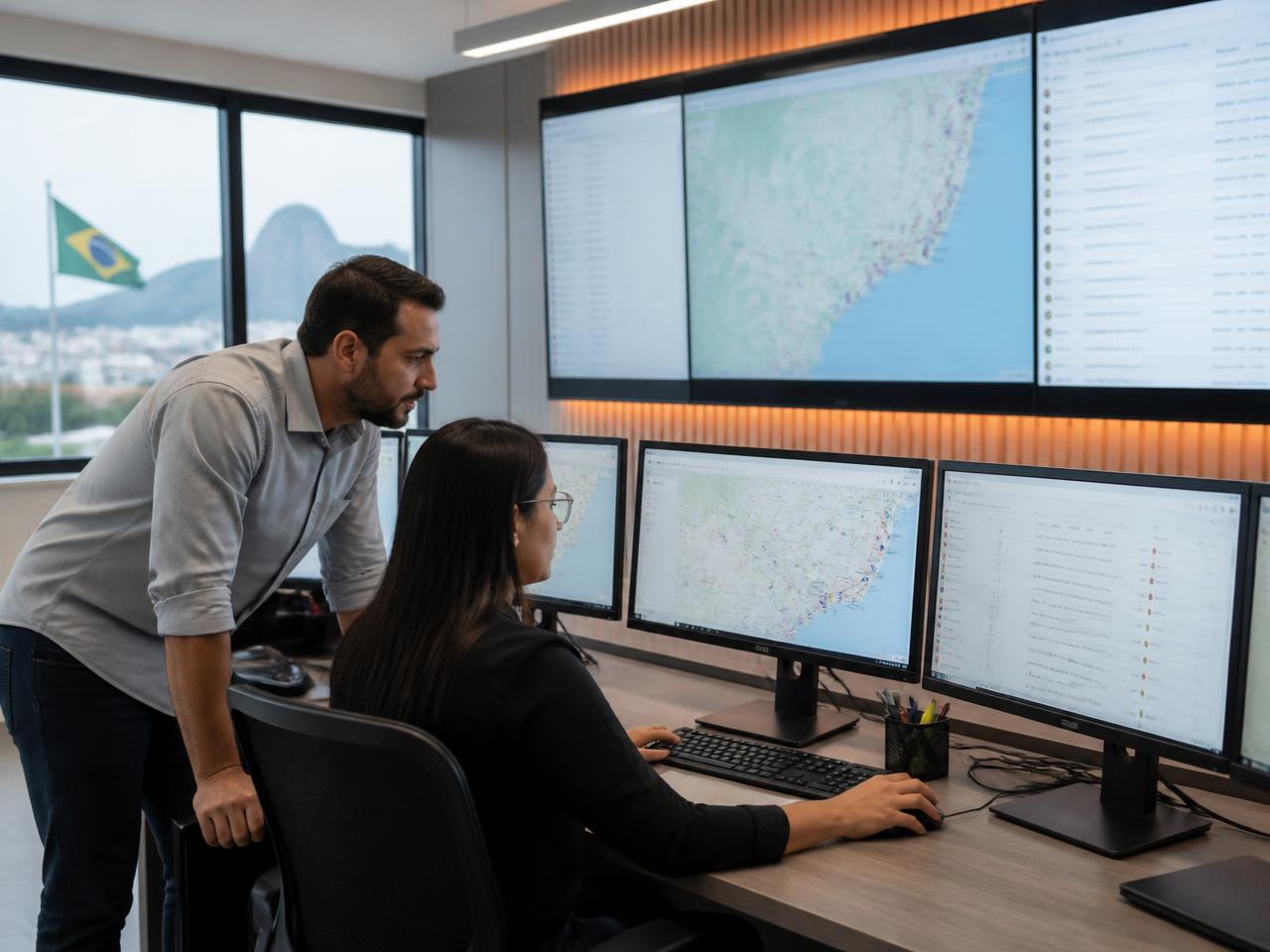 Equipe acompanhando veículos de frota e dispositivos conectados em uma central de operações